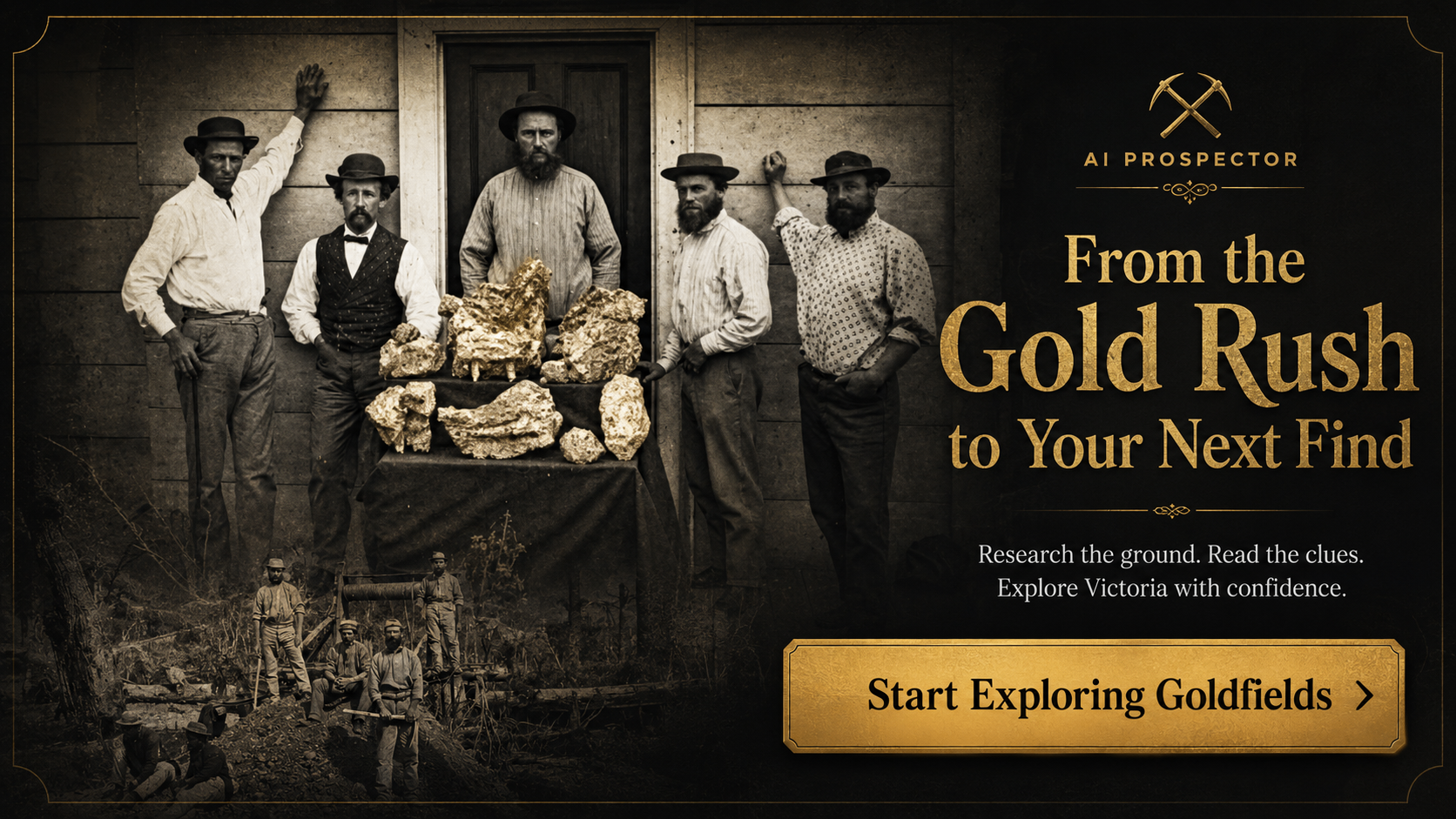 From the Gold Rush to Your Next Find. Research the ground. Read the clues. Explore Victoria with confidence. Start Exploring Goldfields.